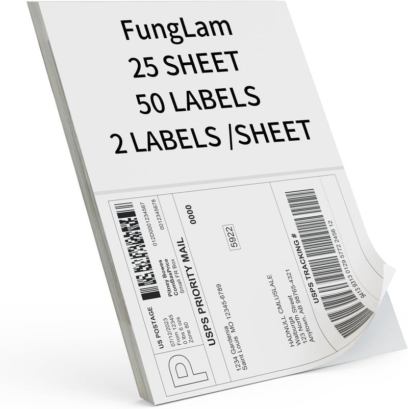 FungLam Half Sheet Shipping Labels 8.5x5.5 Inches, FungLam Half Page Labels, 8.5â€x11â€ Self Adhesive Shipping Labels for Laser&Inkjet Printers, White Mailing Address Labels, 2 Labels Per Sheet, 50 Labels. - Image 3