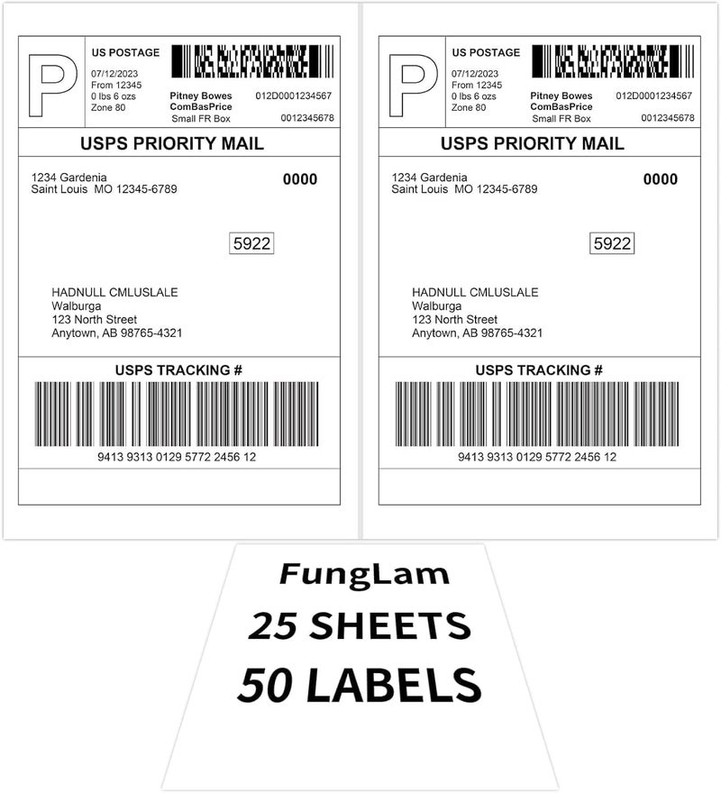 FungLam Half Sheet Shipping Labels 8.5x5.5 Inches, FungLam Half Page Labels, 8.5â€x11â€ Self Adhesive Shipping Labels for Laser&Inkjet Printers, White Mailing Address Labels, 2 Labels Per Sheet, 50 Labels. - Image 1