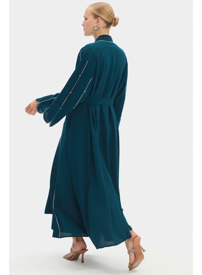جون عباية نسائية بتفاصيل حجرية وربطة خصر - لون تركواز - Image 4