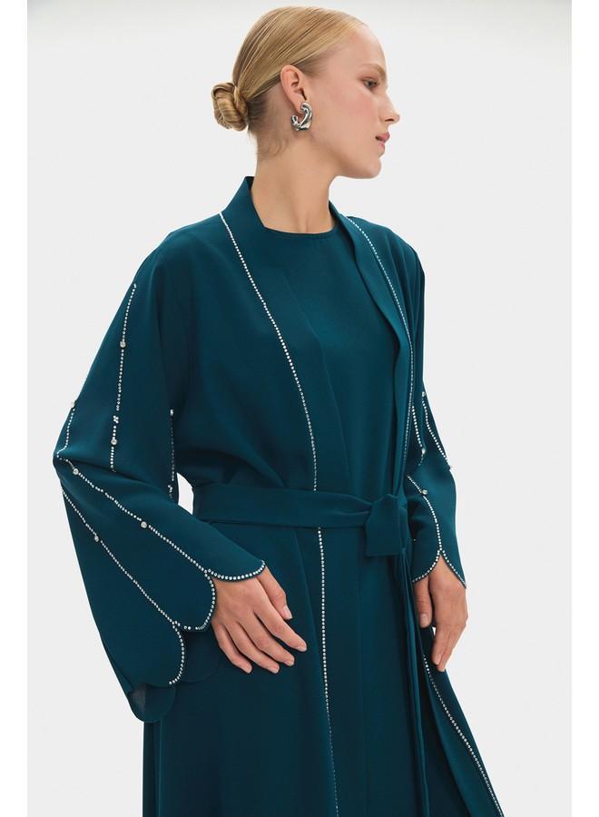 جون عباية نسائية بتفاصيل حجرية وربطة خصر - لون تركواز - Image 3