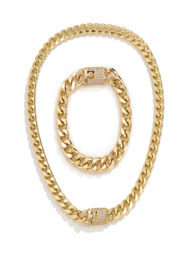 Pingyongchang Punk Chic Iced Out Rhinestone Cuban Clasp Necklace Bracelet Hip Hop Gold Cuban Link Zircon Inlay Clasp Curb Chain Necklace Bracelet for Women Men Party Jewelry Set-A Set Gold - Image 1