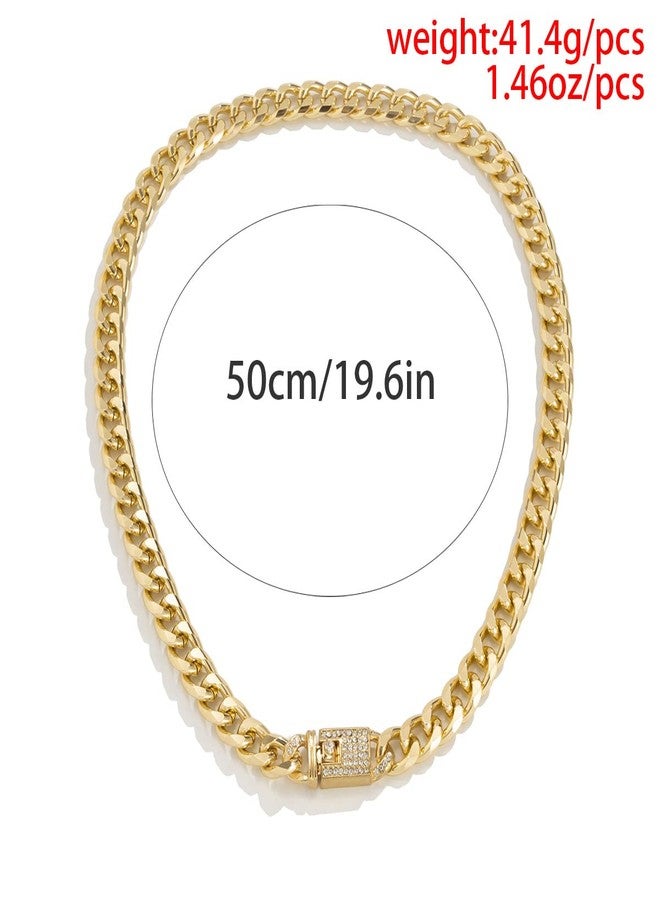 Pingyongchang Punk Chic Iced Out Rhinestone Cuban Clasp Necklace Bracelet Hip Hop Gold Cuban Link Zircon Inlay Clasp Curb Chain Necklace Bracelet for Women Men Party Jewelry Set-A Set Gold - Image 3