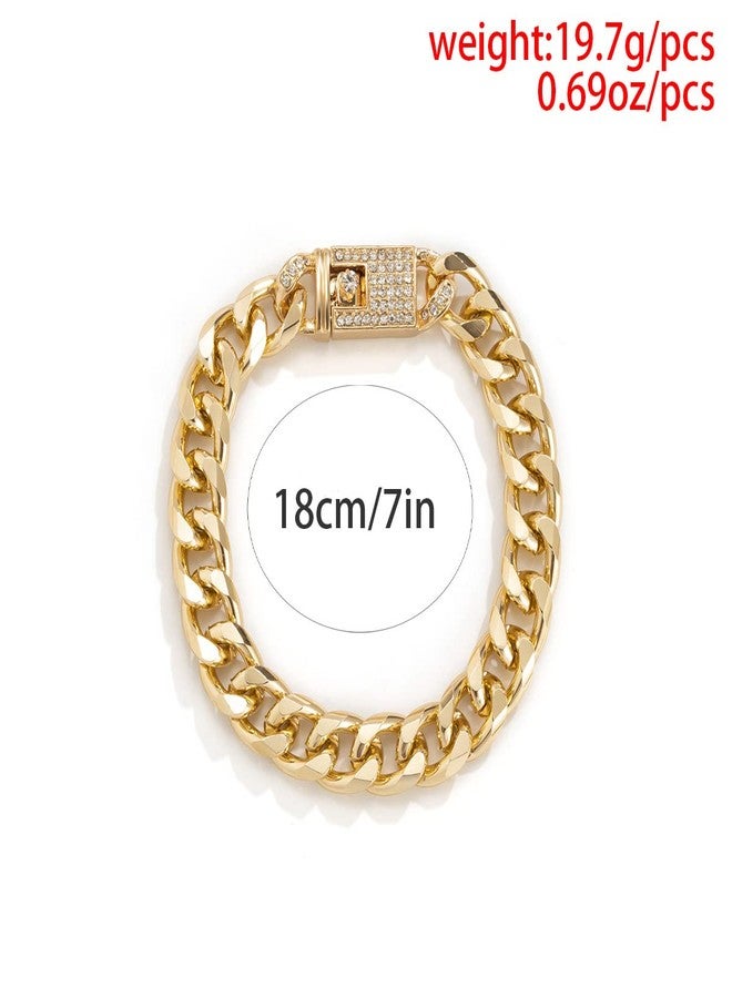 Pingyongchang Punk Chic Iced Out Rhinestone Cuban Clasp Necklace Bracelet Hip Hop Gold Cuban Link Zircon Inlay Clasp Curb Chain Necklace Bracelet for Women Men Party Jewelry Set-A Set Gold - Image 2