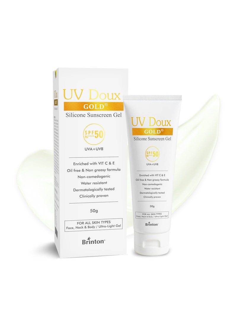 Brinton UV Doux Gold Sunscreen Gel For Anti Ageing with Sun Protection | SPF 50 and PA+++ Broad Spectrum | Enriched with Anti-oxidants like Vit C & E | Matte Finish | Water Resistant & Non-Greasy | Clinically Proven & Dermatologist Approved | For All Skin Types - Image 1