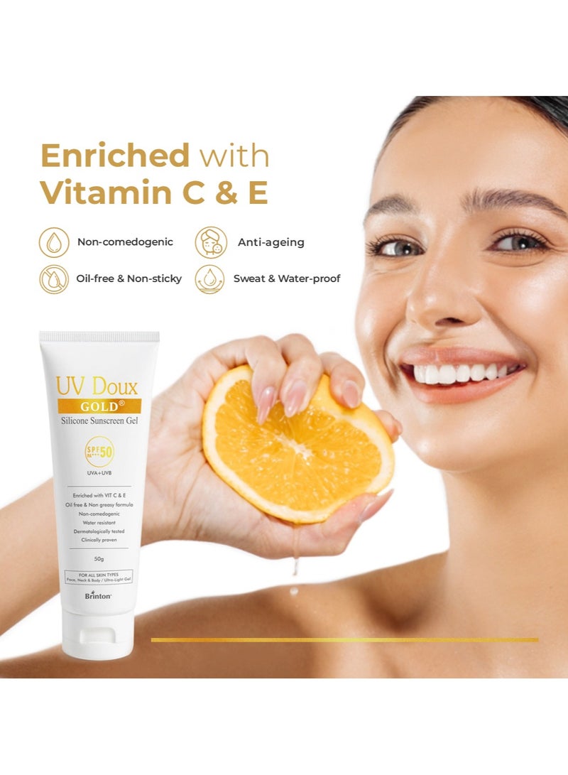 Brinton UV Doux Gold Sunscreen Gel For Anti Ageing with Sun Protection | SPF 50 and PA+++ Broad Spectrum | Enriched with Anti-oxidants like Vit C & E | Matte Finish | Water Resistant & Non-Greasy | Clinically Proven & Dermatologist Approved | For All Skin Types - Image 3