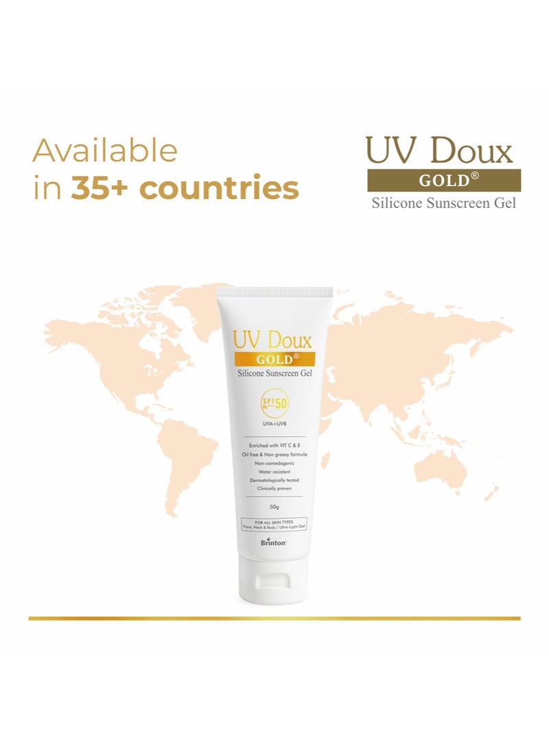 Brinton UV Doux Gold Sunscreen Gel For Anti Ageing with Sun Protection | SPF 50 and PA+++ Broad Spectrum | Enriched with Anti-oxidants like Vit C & E | Matte Finish | Water Resistant & Non-Greasy | Clinically Proven & Dermatologist Approved | For All Skin Types - Image 4
