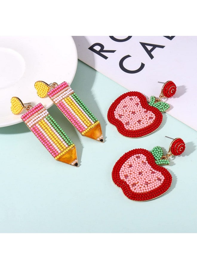 YAHPERN 2 3Pairs Teacher Earrings For Women Beaded Pencil Dangle Earrings Statement Apple Book Drop Earrings Teacher Appreciation Gifts Back To School Jewelry Set (2 Pairs 4) - Image 2