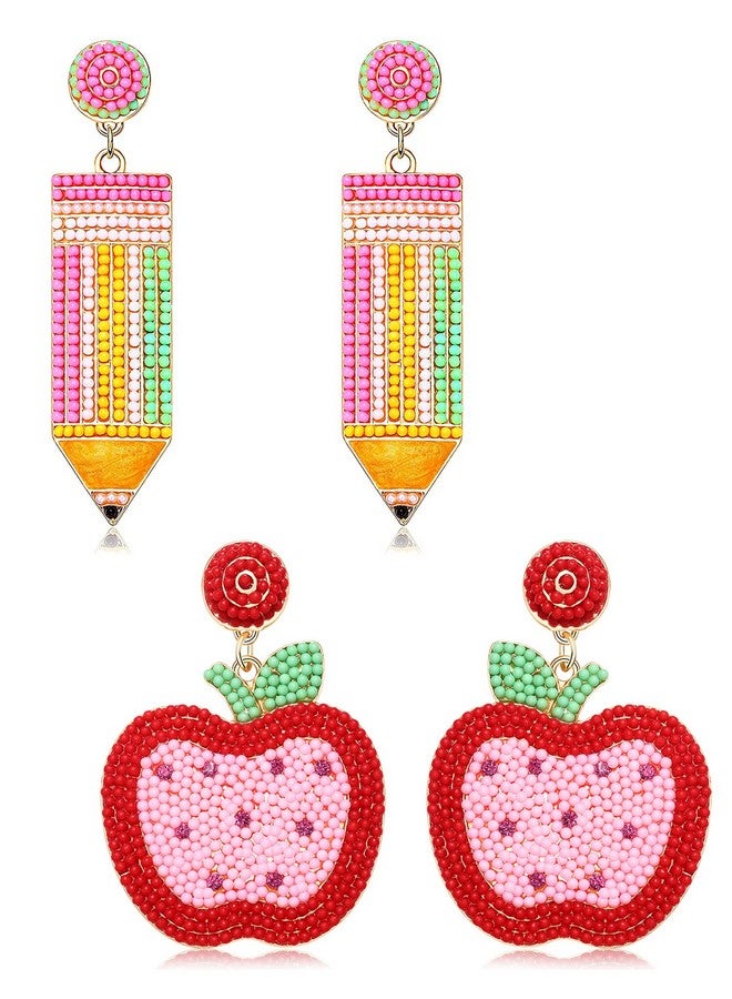 YAHPERN 2 3Pairs Teacher Earrings For Women Beaded Pencil Dangle Earrings Statement Apple Book Drop Earrings Teacher Appreciation Gifts Back To School Jewelry Set (2 Pairs 4) - Image 1