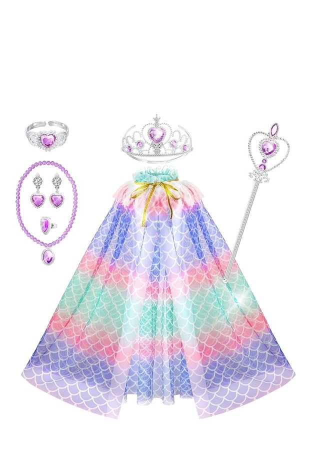Princess Cape for Kids, Princess Cloak with Tiara Crown for Little Girl, Dress Up Clothes Cape Cloak with Pendant, Earrings, Ring, Wand for Girl 3-8, Birthday Gift Mermaid Costume - Image 1