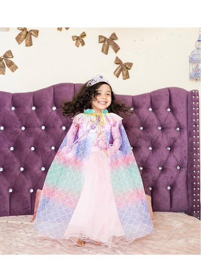 Princess Cape for Kids, Princess Cloak with Tiara Crown for Little Girl, Dress Up Clothes Cape Cloak with Pendant, Earrings, Ring, Wand for Girl 3-8, Birthday Gift Mermaid Costume - Image 3