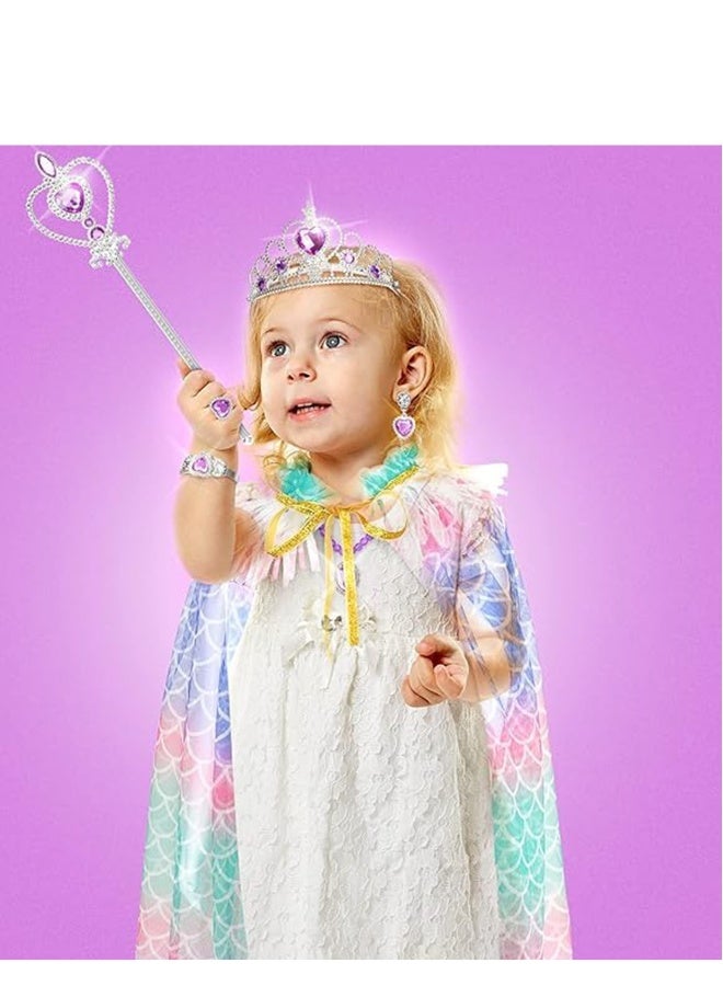 Princess Cape for Kids, Princess Cloak with Tiara Crown for Little Girl, Dress Up Clothes Cape Cloak with Pendant, Earrings, Ring, Wand for Girl 3-8, Birthday Gift Mermaid Costume - Image 2