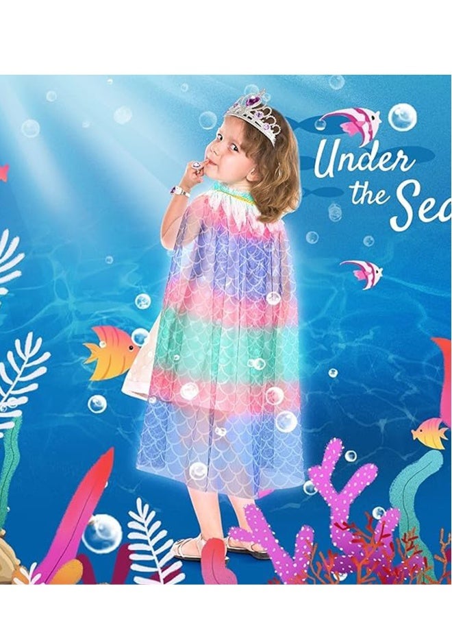 Princess Cape for Kids, Princess Cloak with Tiara Crown for Little Girl, Dress Up Clothes Cape Cloak with Pendant, Earrings, Ring, Wand for Girl 3-8, Birthday Gift Mermaid Costume - Image 5