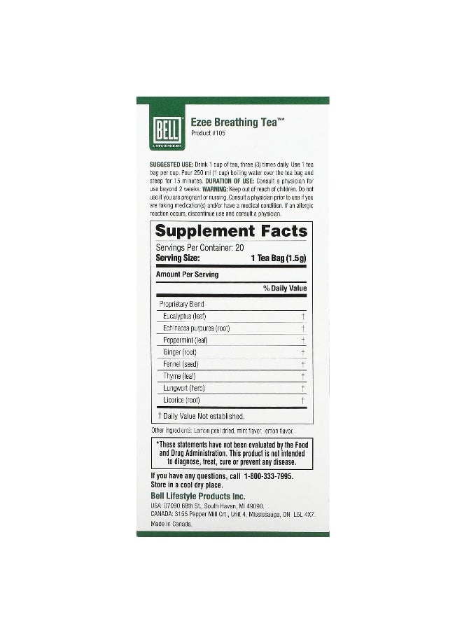 Bell Lifestyle Bell Lifestyle, Ezee Breathing Tea, Soothing Herbal Blend, 20 Tea Bags, 1.5 g Each  - Image 2