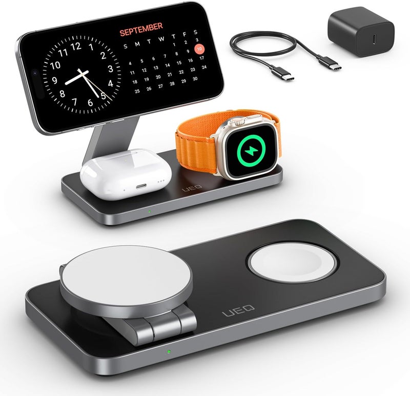 UEQ Foldable 3 in 1 Wireless Charging Station for Apple Compatible with Magsafe Charger Stand,Magnetic Wireless Charger Station for iPhone 16 15 14 13 12 Series,Airpods Pro,Apple Watch(Black) - Image 1