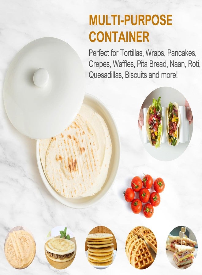 MISSYSSIM Large Tortilla Warmers with Lid 8.8 Inch, Embossed Ceramic Tortilla Holder Servers Oven Safe - Taco Tuesday, Taco Bar, Microwavable Food Storage Container, Bread Warmer Pancake Warmer, White - Image 3