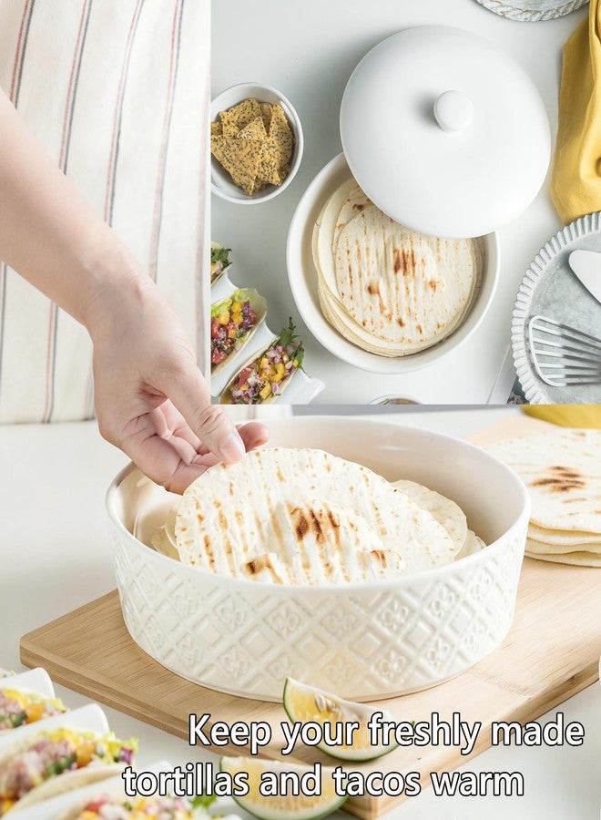 MISSYSSIM Large Tortilla Warmers with Lid 8.8 Inch, Embossed Ceramic Tortilla Holder Servers Oven Safe - Taco Tuesday, Taco Bar, Microwavable Food Storage Container, Bread Warmer Pancake Warmer, White - Image 2