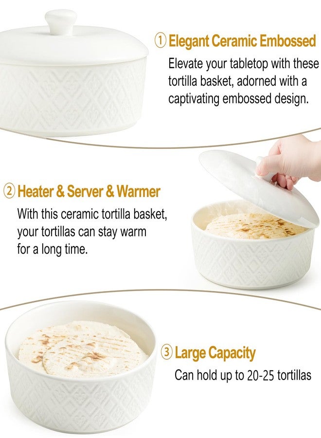 MISSYSSIM Large Tortilla Warmers with Lid 8.8 Inch, Embossed Ceramic Tortilla Holder Servers Oven Safe - Taco Tuesday, Taco Bar, Microwavable Food Storage Container, Bread Warmer Pancake Warmer, White - Image 4