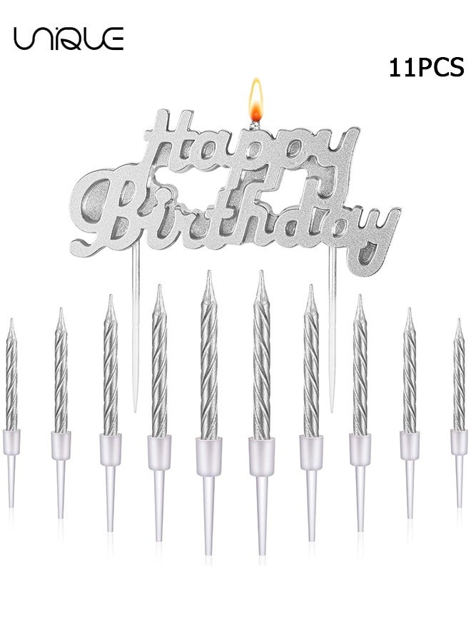 يونيك 11 قطعة مجموعة شموع - 2.95 بوصة شمعة قصيرة رقيقة حلزونية - عيد ميلاد سعيد شمعة كعكة عيد ميلاد شمعة زخرفة - لتزيين الكيك لوازم حفلات زينة عيد ميلاد (فضي) - Image 1