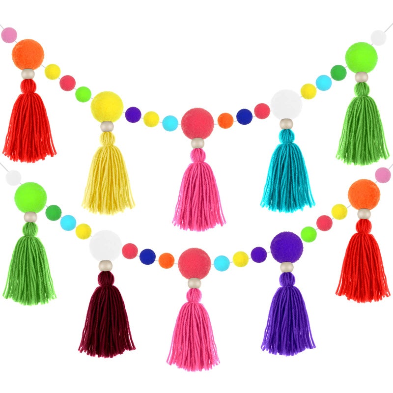 Janinka Rainbow Pom Pom Tassel Garland Banner Spring Colorful Pompom Wall Hanging Boho Tassel Garland Decor for Classroom Home Nursery Baby Shower Party SuppliesMulticolor2 Pcs
