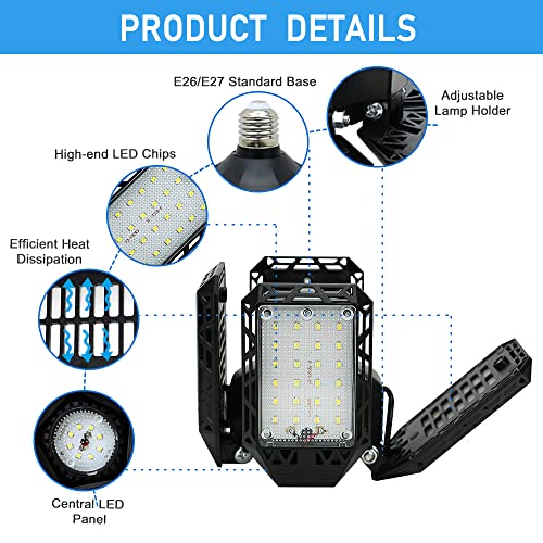 QiyuanLS LED Garage Light,150W Deformable Garage Ceiling Lights,15000LM, 4 Adjustable Panels, E26/E27 Shop Lights for Basement, Barn, Workshop,High Bay Light - Image 4