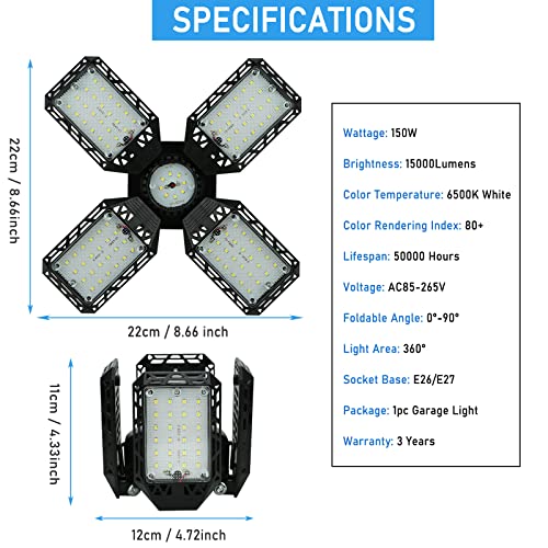 QiyuanLS LED Garage Light,150W Deformable Garage Ceiling Lights,15000LM, 4 Adjustable Panels, E26/E27 Shop Lights for Basement, Barn, Workshop,High Bay Light - Image 2