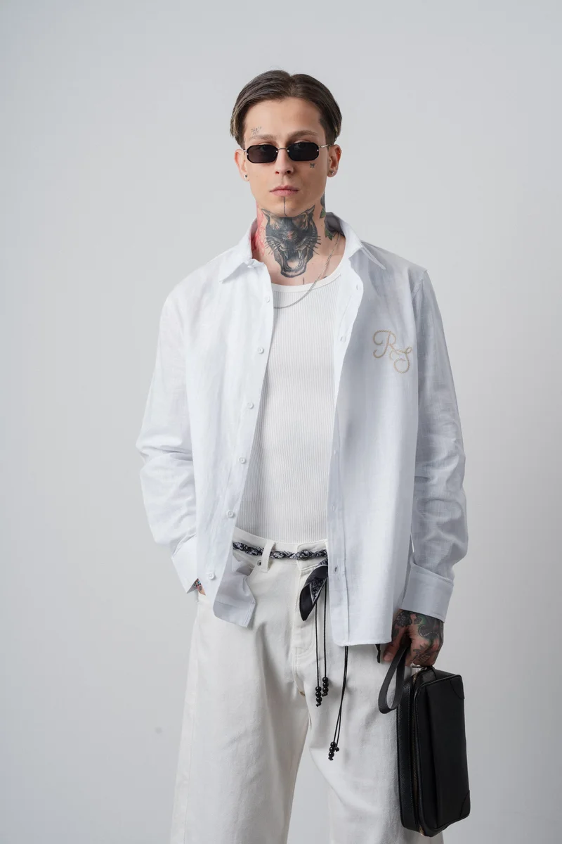 RESPIRE Men's Embroidered Long-Sleeve Linen Oversize Shirt White