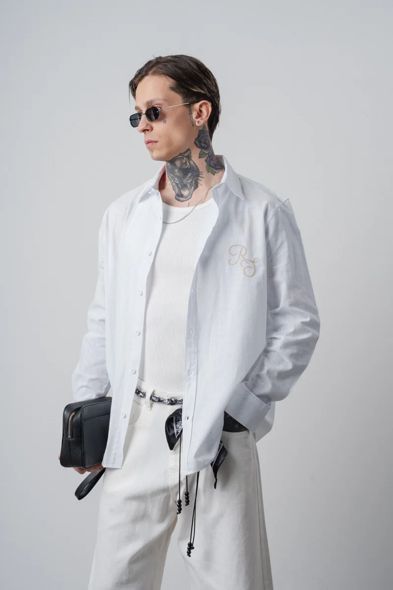 RESPIRE Men's Embroidered Long-Sleeve Linen Oversize Shirt White