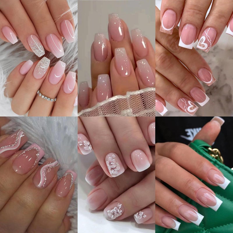 Jsiallye 6 Packs (144 Pcs) Press on Nails Medium - Jsiallye Pink Gradient Press on Nails Square Coffin, Glue on with Nail in 12 Sizes - 24 Fake Nails Kit, French Tip Stick on Nails for Women - Image 1