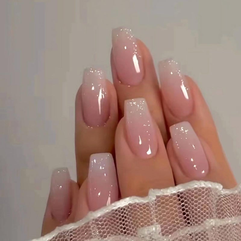 Jsiallye 6 Packs (144 Pcs) Press on Nails Medium - Jsiallye Pink Gradient Press on Nails Square Coffin, Glue on with Nail in 12 Sizes - 24 Fake Nails Kit, French Tip Stick on Nails for Women - Image 2