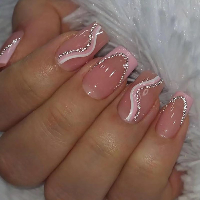 Jsiallye 6 Packs (144 Pcs) Press on Nails Medium - Jsiallye Pink Gradient Press on Nails Square Coffin, Glue on with Nail in 12 Sizes - 24 Fake Nails Kit, French Tip Stick on Nails for Women - Image 4