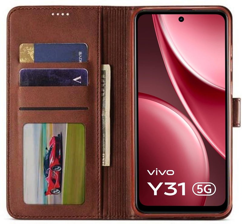 SHINESTAR Vivo Y31 5G Flip Back Cover | PU Leather Flip Cover Wallet Case with TPU Silicone Case Back Cover for Vivo Y31 5G - Classic Brown - Image 3