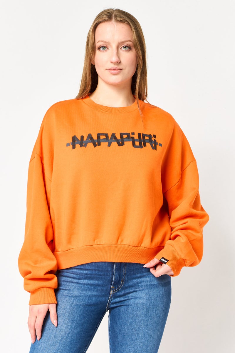 Napapijri Women Crew Neck Long Sleeve Brand Logo Sweatshirt, Dark Orange - Image 1