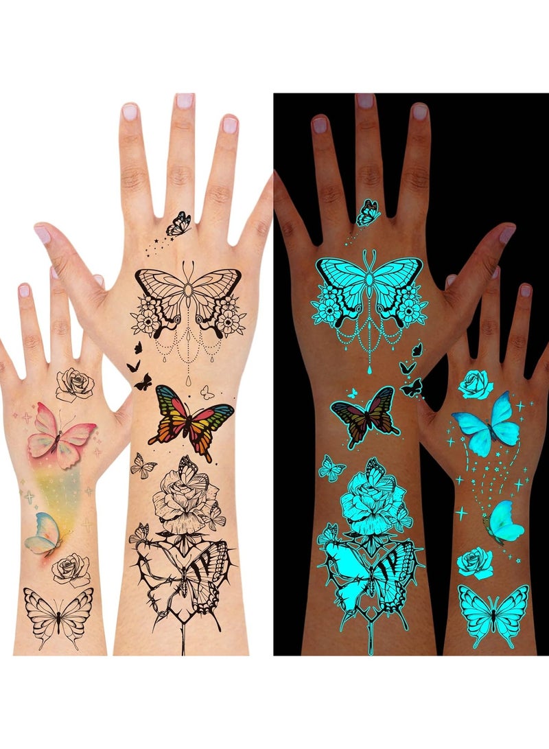 قوس قزح أورينبو 12 ورقة وشم فراشة متوهجة في الظلام للفتيات، آمنة وسهلة الاستخدام، وشم مؤقت على شكل فراشة، وشم متوهج، لوازم مكياج حفلات متوهجة، هدايا الحفلات - Image 1