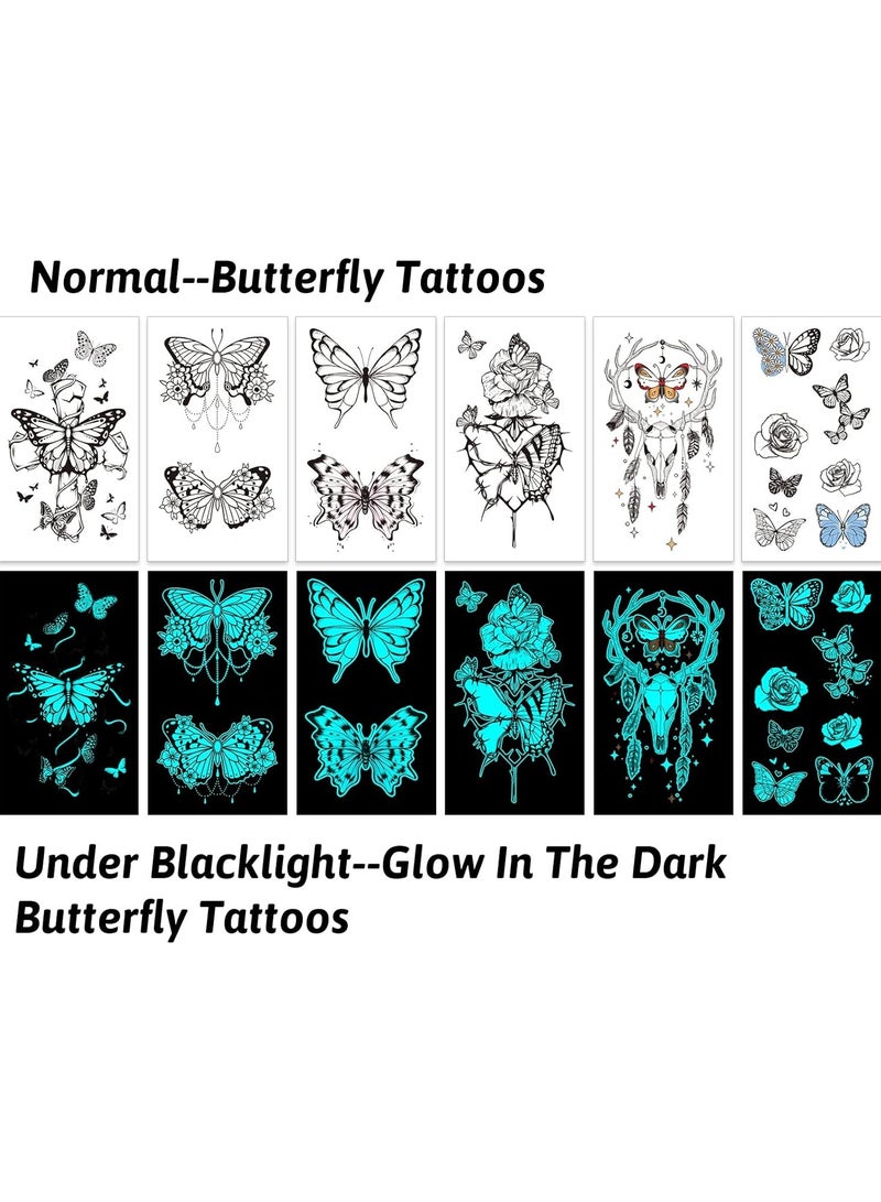 قوس قزح أورينبو 12 ورقة وشم فراشة متوهجة في الظلام للفتيات، آمنة وسهلة الاستخدام، وشم مؤقت على شكل فراشة، وشم متوهج، لوازم مكياج حفلات متوهجة، هدايا الحفلات - Image 5