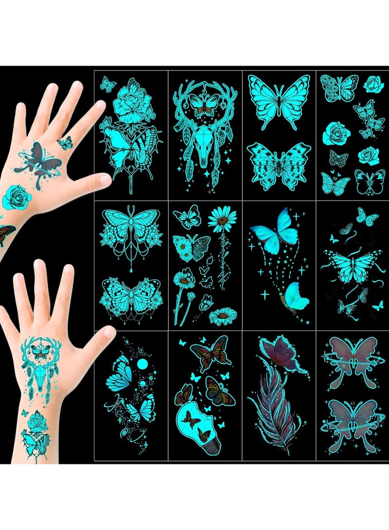 قوس قزح أورينبو 12 ورقة وشم فراشة متوهجة في الظلام للفتيات، آمنة وسهلة الاستخدام، وشم مؤقت على شكل فراشة، وشم متوهج، لوازم مكياج حفلات متوهجة، هدايا الحفلات - Image 3