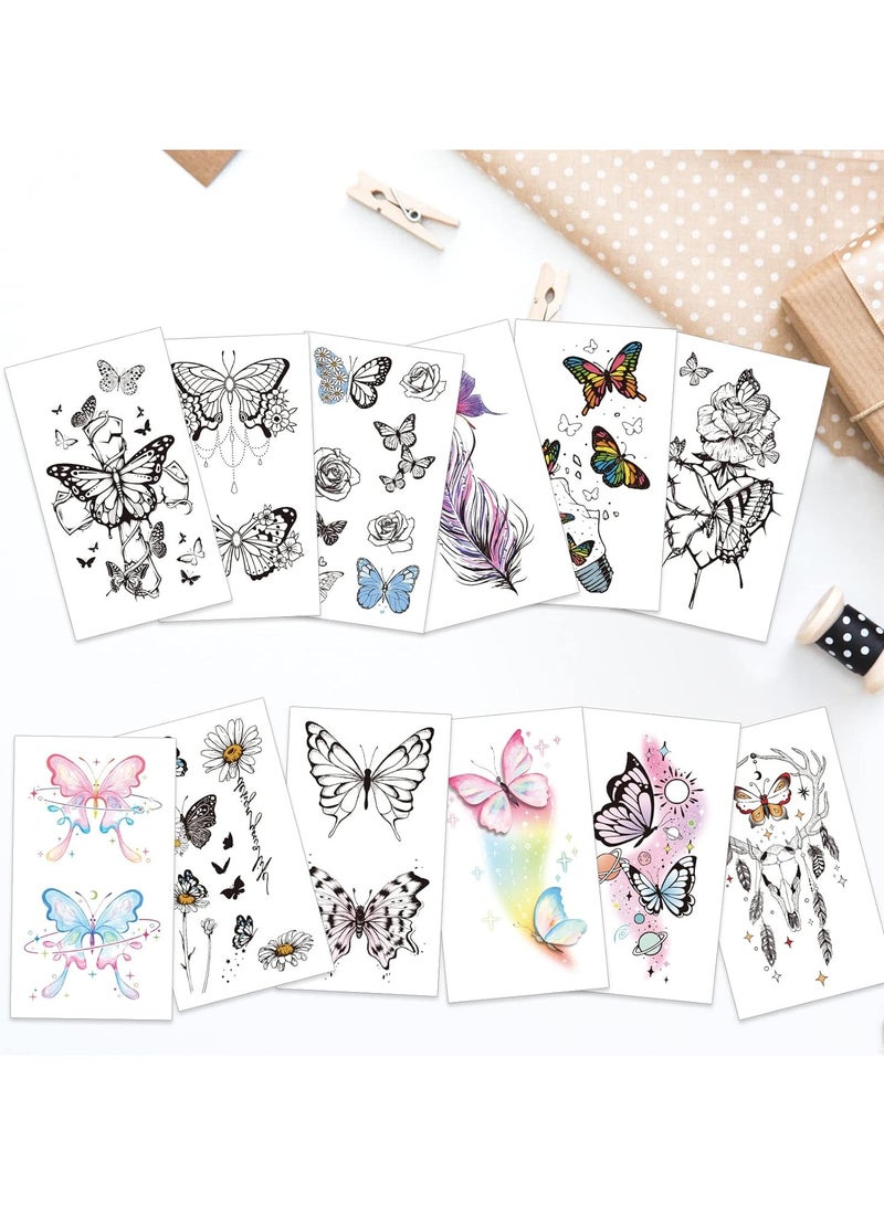 قوس قزح أورينبو 12 ورقة وشم فراشة متوهجة في الظلام للفتيات، آمنة وسهلة الاستخدام، وشم مؤقت على شكل فراشة، وشم متوهج، لوازم مكياج حفلات متوهجة، هدايا الحفلات - Image 4