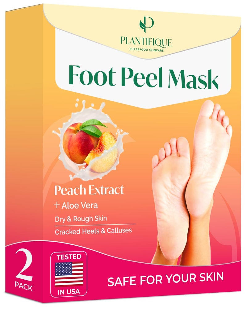 PLANTIFIQUE Foot Peeling Mask 2 Pack Dermatologically Tested Repairs Heels Removes Dry Dead Skin for Baby Soft Feet Exfoliating Foot Peel Mask for Dry Cracked Feet Peach