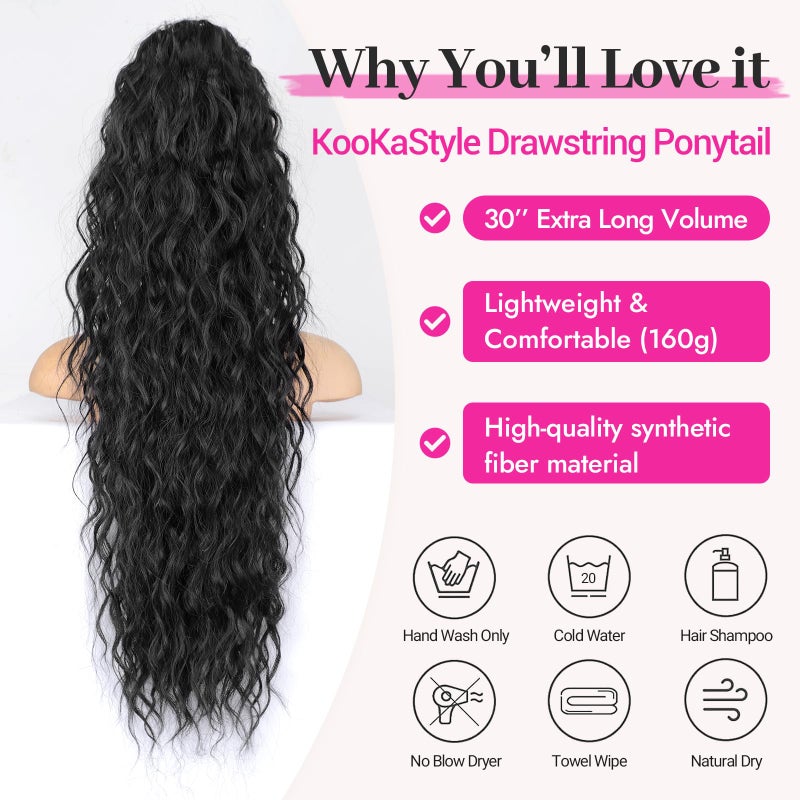 KooKaStyle Ponytail Extension 30 Inch Drawstring Pony Tails Hair Extensions for Women Long Curly Ponytail Synthetic Hairpieces for Daily Useï¼ˆBlack-1Bï¼‰ - Image 4