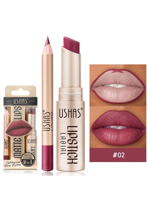 2Pcs Intense Matte Lip Liner Pens + Lipstick Set Smudge-Proof Long-Lasting Waterproof Rose Red One Step Lips Makeup Transfer Proof Lip Stain Gift