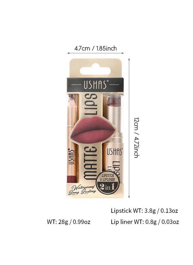 2Pcs Intense Matte Lip Liner Pens + Lipstick Set Smudge-Proof Long-Lasting Waterproof Rose Red One Step Lips Makeup Transfer Proof Lip Stain Gift