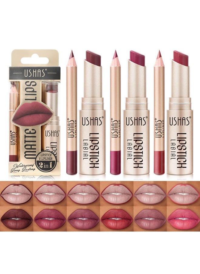 2Pcs Intense Matte Lip Liner Pens + Lipstick Set Smudge-Proof Long-Lasting Waterproof Rose Red One Step Lips Makeup Transfer Proof Lip Stain Gift