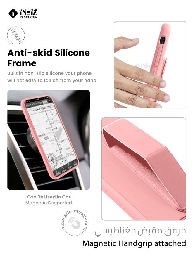 إينيكس جراب حماية 3 في 1 مغناطيسي ذو مسند للهاتف وسوار لأصابع اليد لهاتف  أبل آيفون 14 بلس وردي - Image 4
