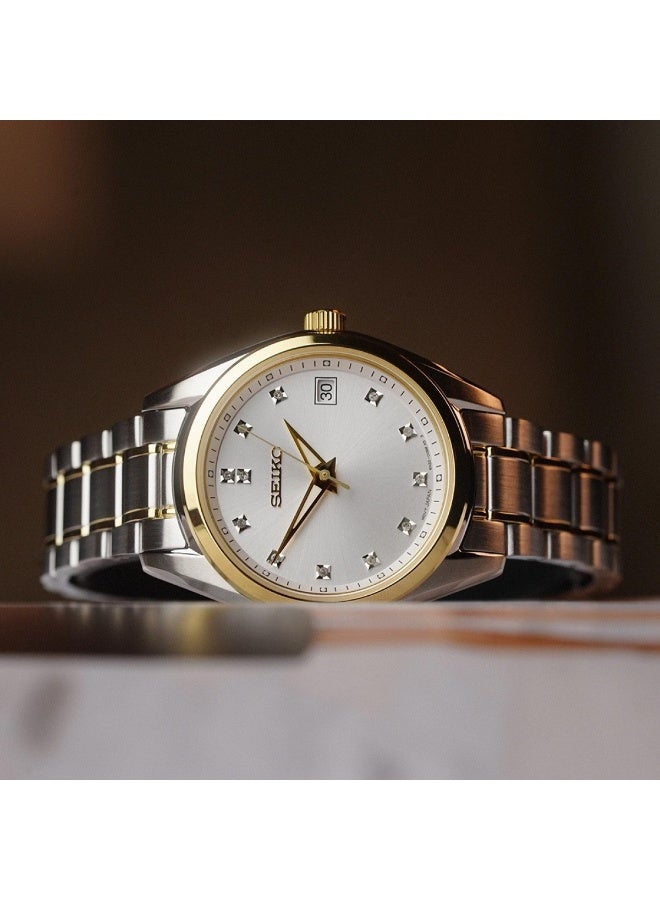 Seiko Women's Quartz Watch SUR582P1 Two-Tone Stainless Steel Gold-Plated Diamond Silver-White Dial - Image 3