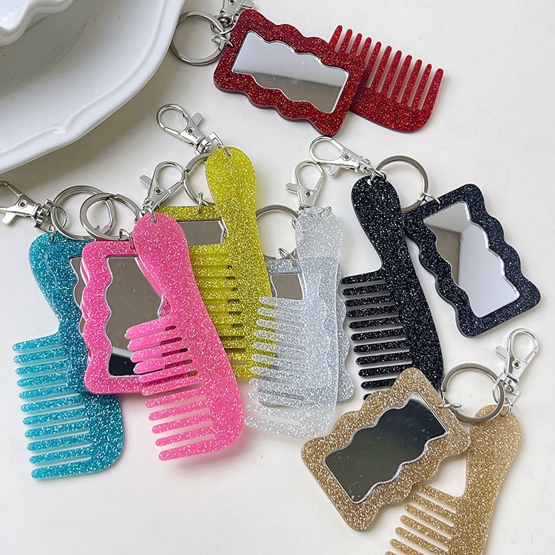 New Fresh Style Glitter Comb Makeup Mirror Keychain Pendant Diy Bag Accessory - Image 3