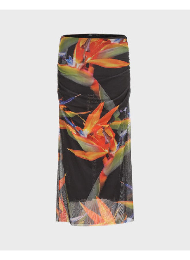 Zara Women'S Fashion Floral Print Mesh Gathered Slimming Midi Skirt - Image 1