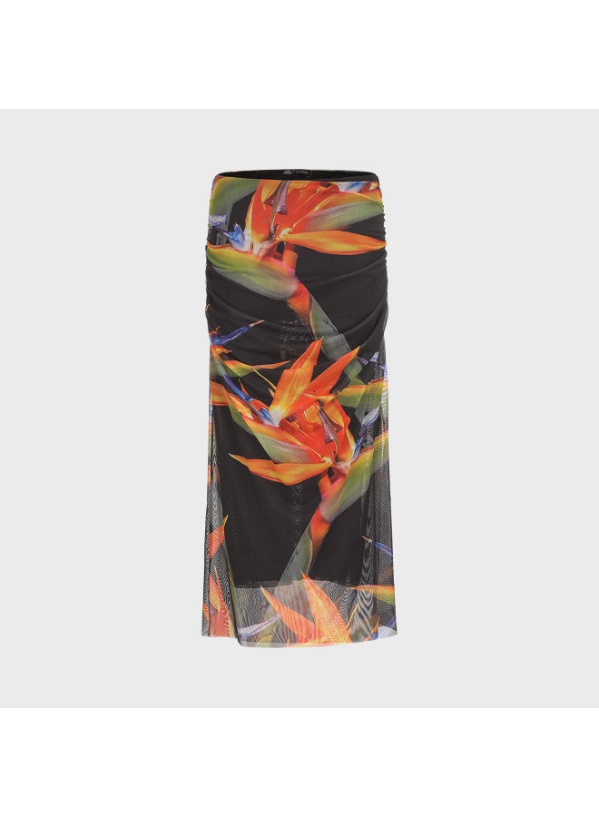 Zara Women'S Fashion Floral Print Mesh Gathered Slimming Midi Skirt - Image 2