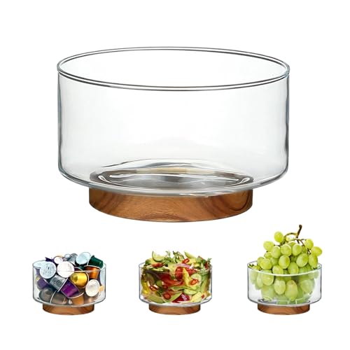 CAMATET Coffee Pod Holder, Glass Salad Bowl with Acacia Wood Base, Large Capacity K Cup Organizer for Kcup Creamer Storage, Espresso Capsule Holder Coffee Bar Accessories（ 7 Inch，1 Pack ） - Image 1