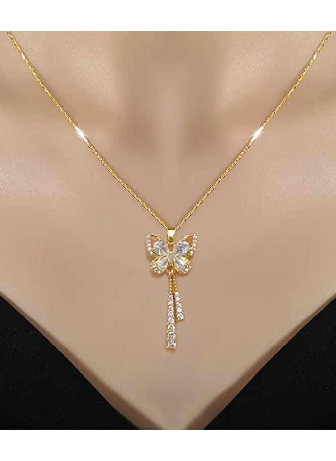 Home Clearance Sale 1pc Exquisite Butterfly-Shaped Tassel Long Sparkling Cubic Zirconia Copper Pendant Necklace - Fashionable Jewelry Accessories for Anniversary Gifts, Wedding Parties, and Everyday Wear - Dazzling, Elegant, and Affordable  - Image 4