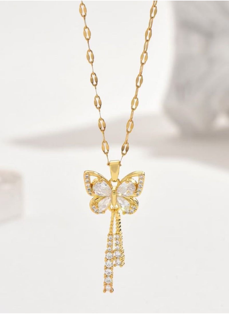 Home Clearance Sale 1pc Exquisite Butterfly-Shaped Tassel Long Sparkling Cubic Zirconia Copper Pendant Necklace - Fashionable Jewelry Accessories for Anniversary Gifts, Wedding Parties, and Everyday Wear - Dazzling, Elegant, and Affordable  - Image 3