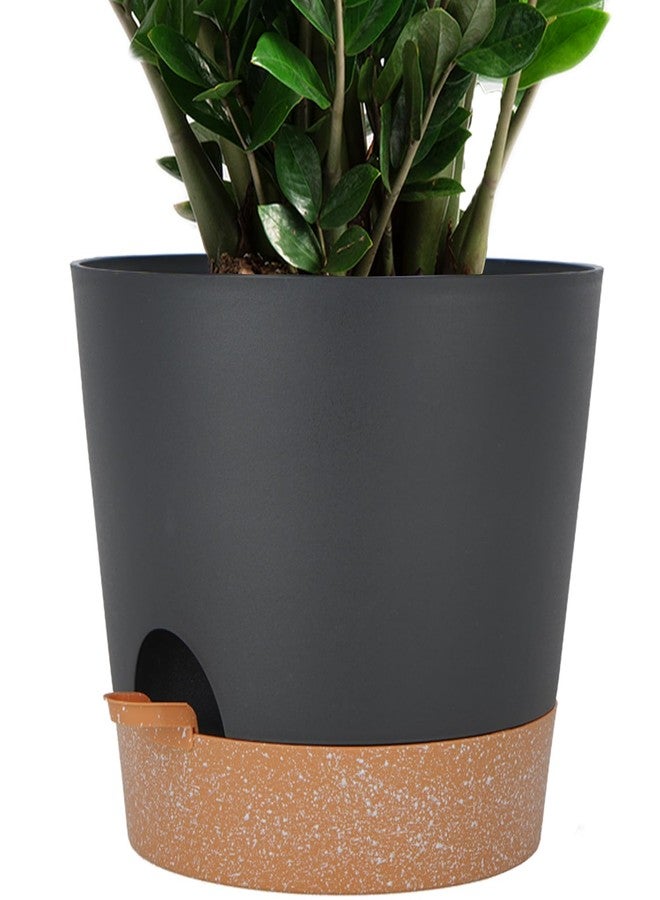 SwinDuck 12inch Large Self Watering Plant Pot, Plastic Cylinder Planter with 60Oz Deep Reservoir and Saucer for Indoor Outdoor Plants Flowers Houseplants, Black with Brown - Image 1